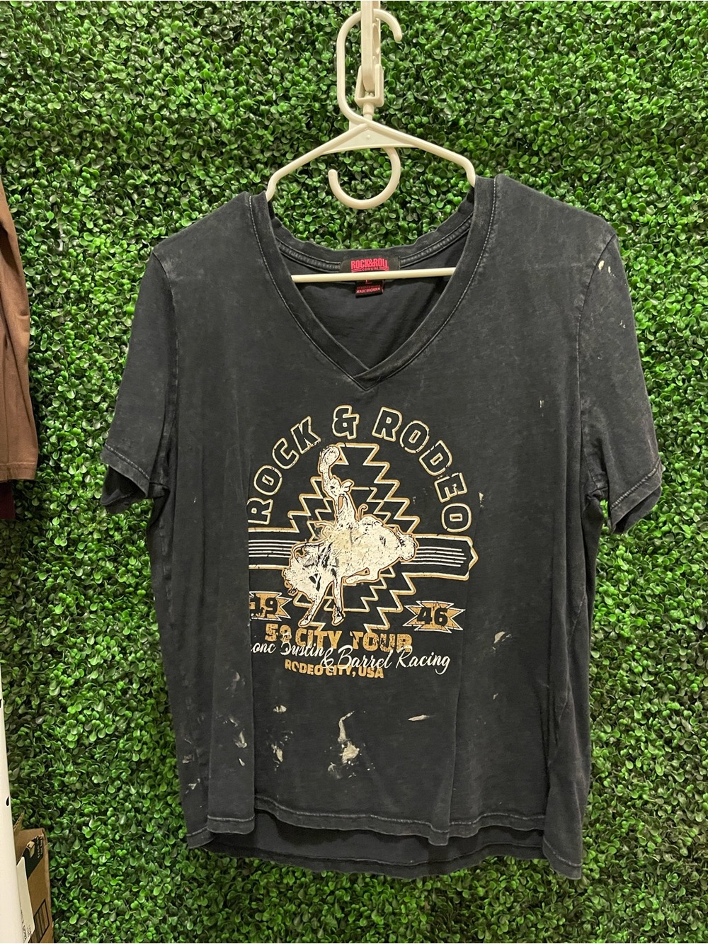Rock & Roll Cowgirl Black V‑Neck Tee with Pink Logo